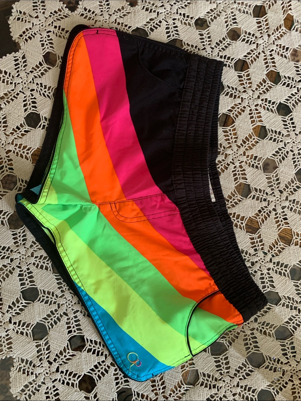 OP Women's Athletic Shorts - Neon Rainbow Stripe on Black